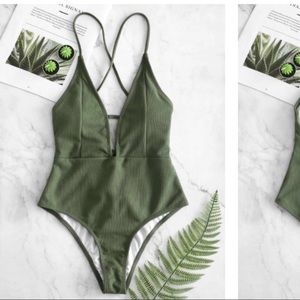 Strapless green one piece bathing suit